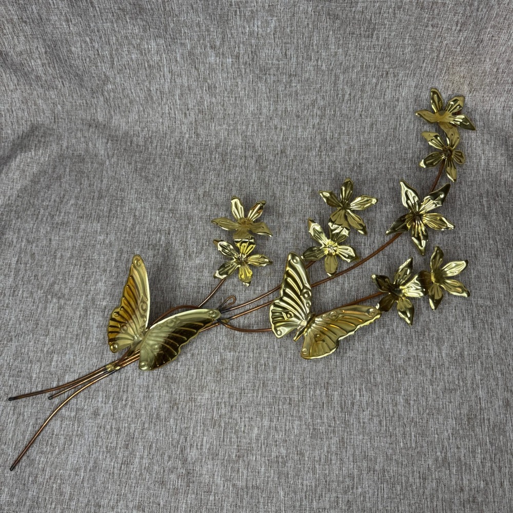 Vintage Copper Butterfly and Flower Branch Wall Art Gold Tone Decor MCM 24"x8"